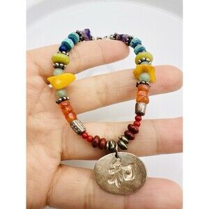 925 Sterling Silver Multi Gemstone Beaded Chinese Harmony Charm Bracelet 7.25”